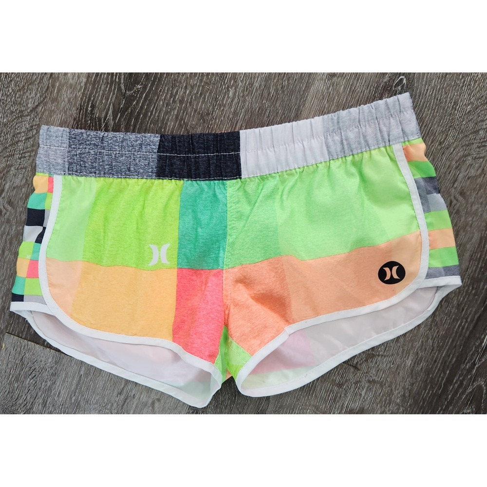 Hurley Women Multi-Color Patchwork Board Shorts Neon Dolphin Hem Beachwear